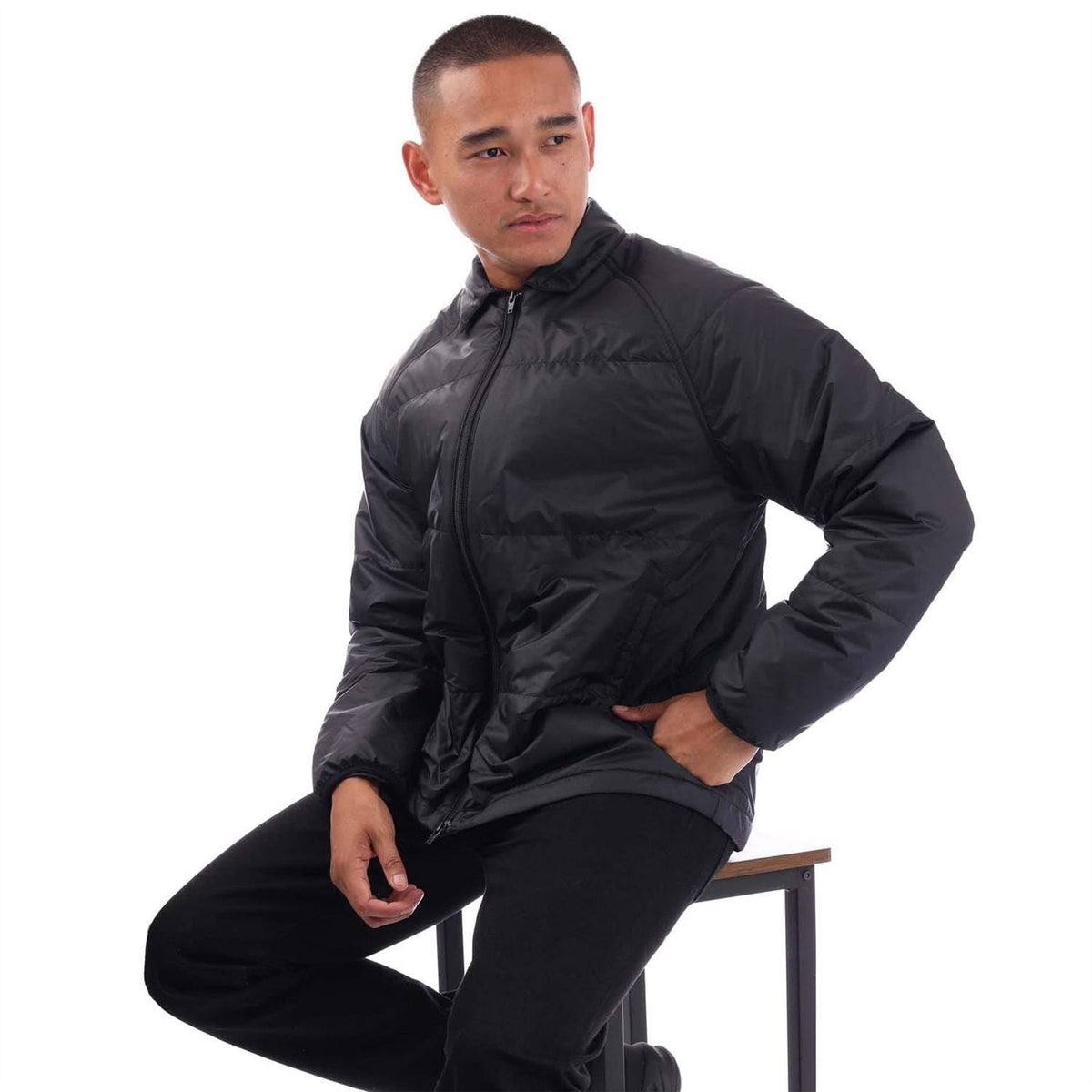 adidas Originals black coach jacket with long sleeves, full-zip front and stand collar