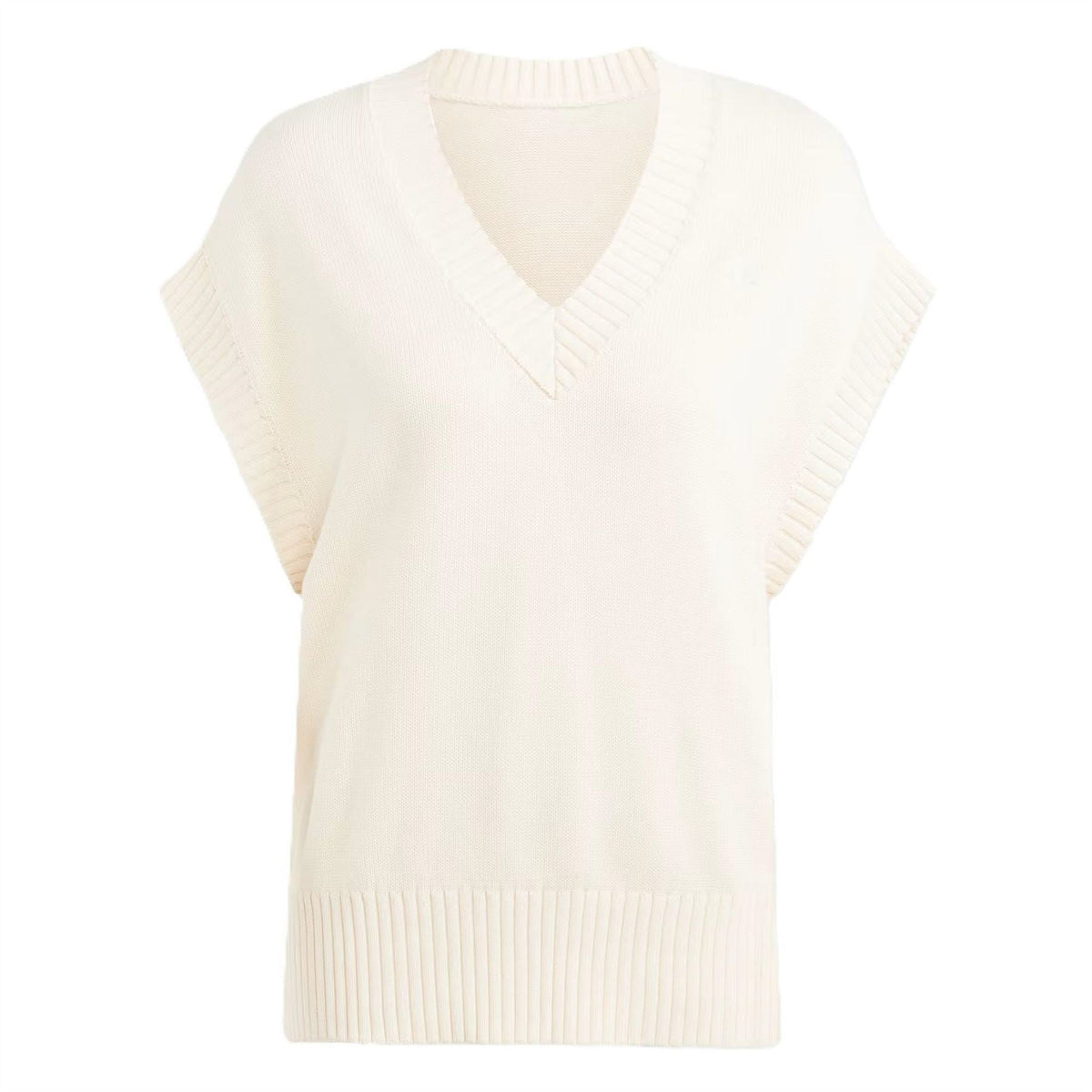 adidas Originals white knit vest, V-neck sleeveless with ribbed hem and knit texture