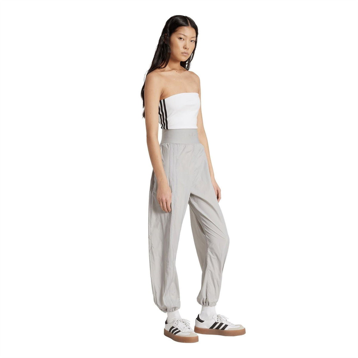 Light grey women's jogger pants with elastic waist and relaxed tapered leg