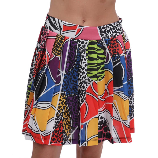 Multicolor abstract print pleated skirt with pink elastic waistband, knee-length