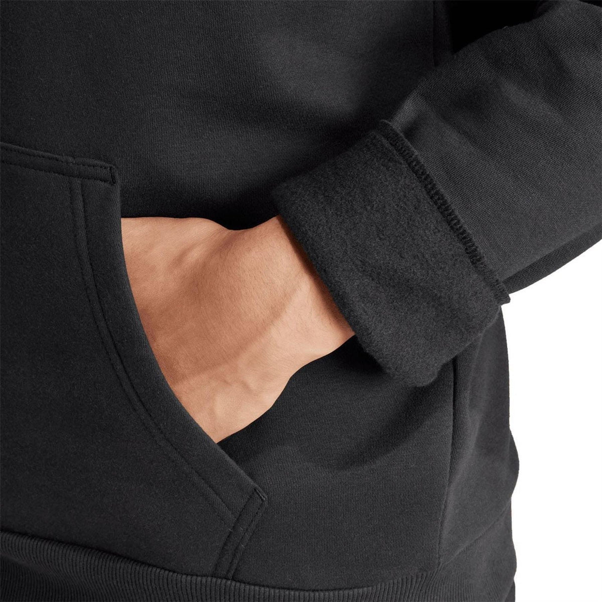 Black adidas Originals hoodie fabric with sleeve cuff and front pocket detail