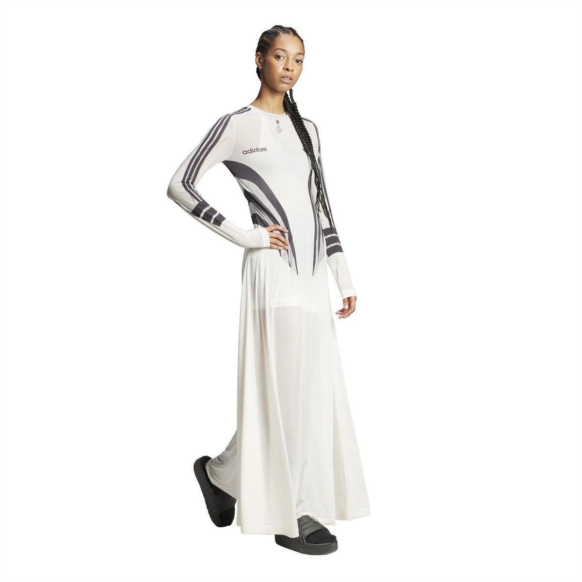 adidas Originals Atlanta Dre white maxi dress with dark side stripe pattern and long sleeves