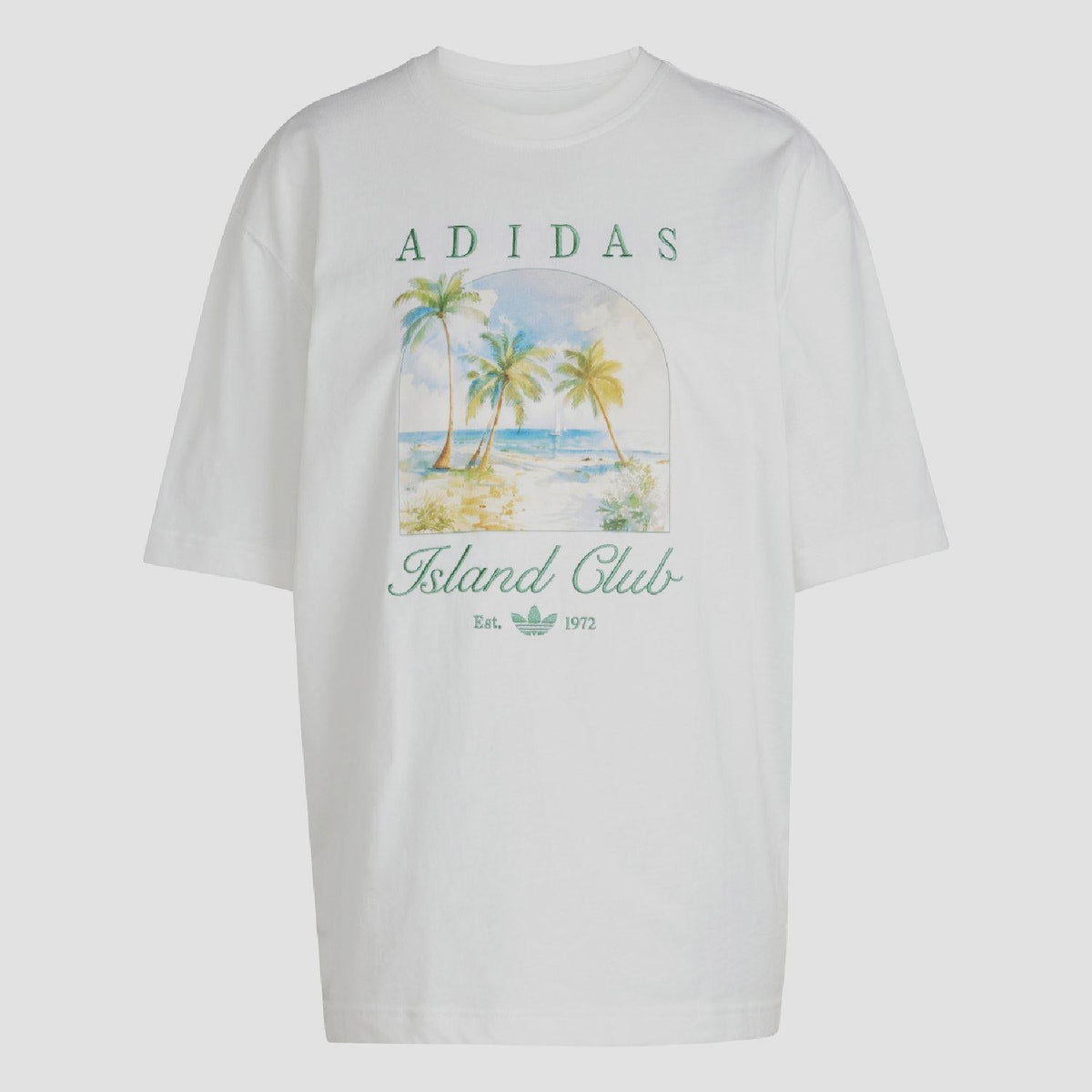 White oversized graphic t-shirt front view with Adidas 'Island Club' palm scene print