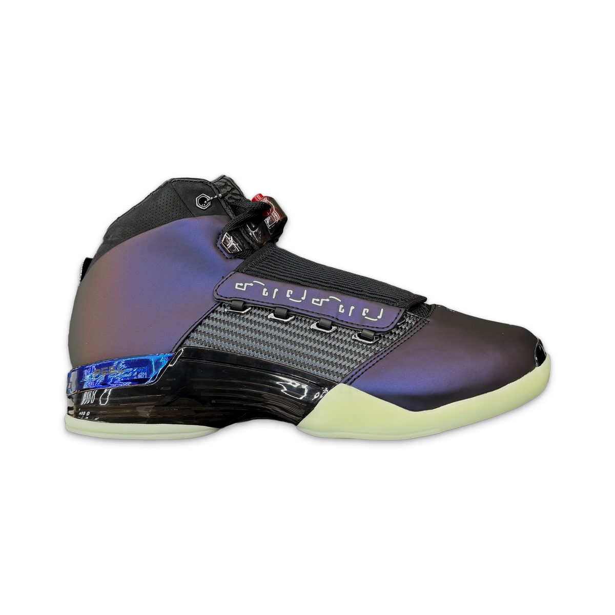 Air Jordan 17 retro high-top sneaker with black upper, side strap, neon yellow sole