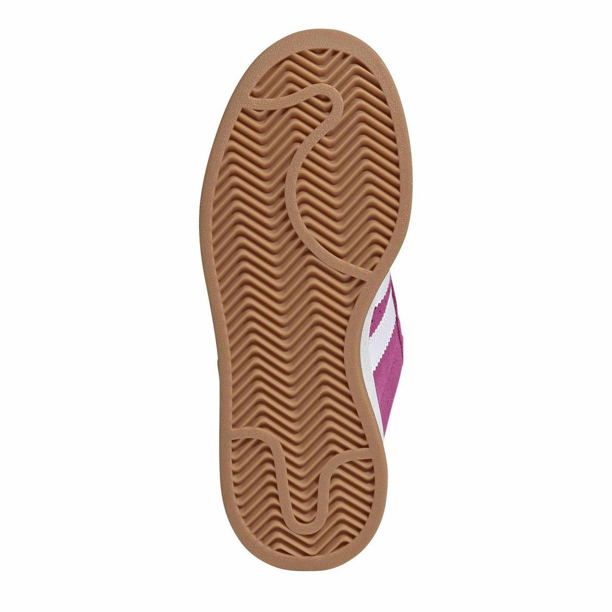 Trainer outsole with textured gum tread and purple heel stripe, bottom view
