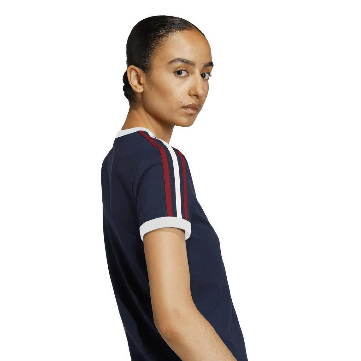 Navy slim t-shirt with short sleeves and red/white stripe detail on shoulder seam
