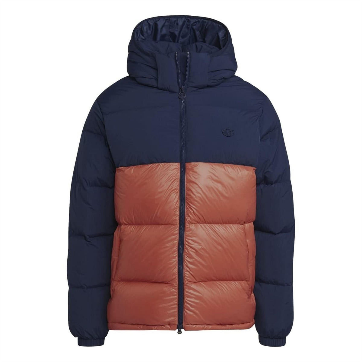 Hooded puffer jacket in navy with rust-orange front panels and center zip