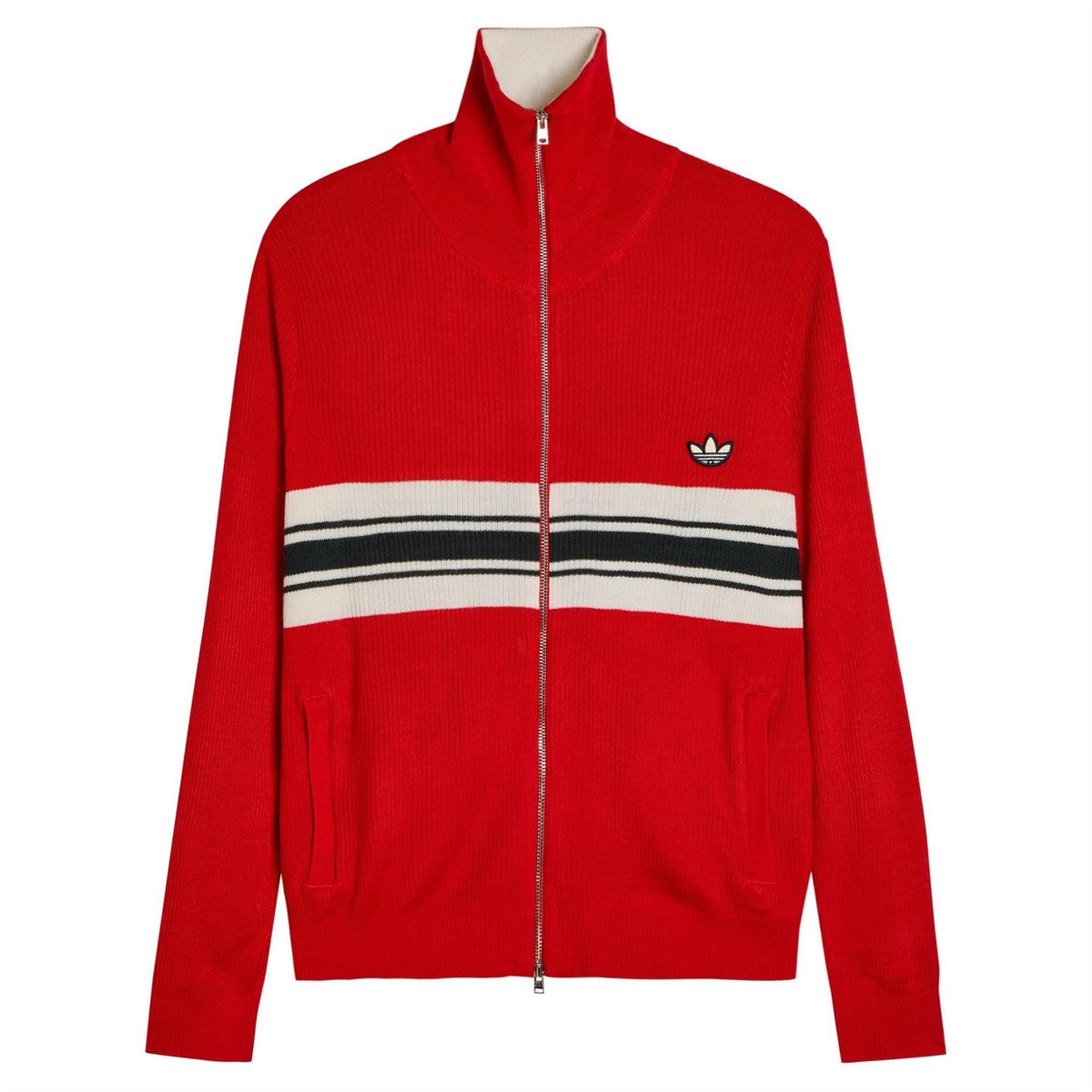 Red adidas Originals knit track jacket, full-zip, ribbed collar, striped hem, chest logo