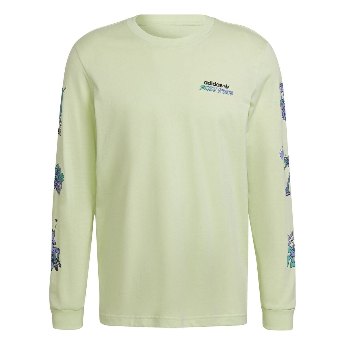 Light green long-sleeve graphic crewneck T-shirt with Adidas logo and sleeve prints