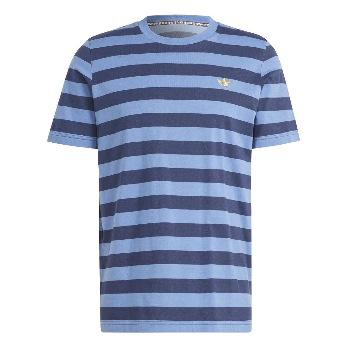 Striped crew-neck tee with short sleeves, blue and dark navy bands, small adidas emblem