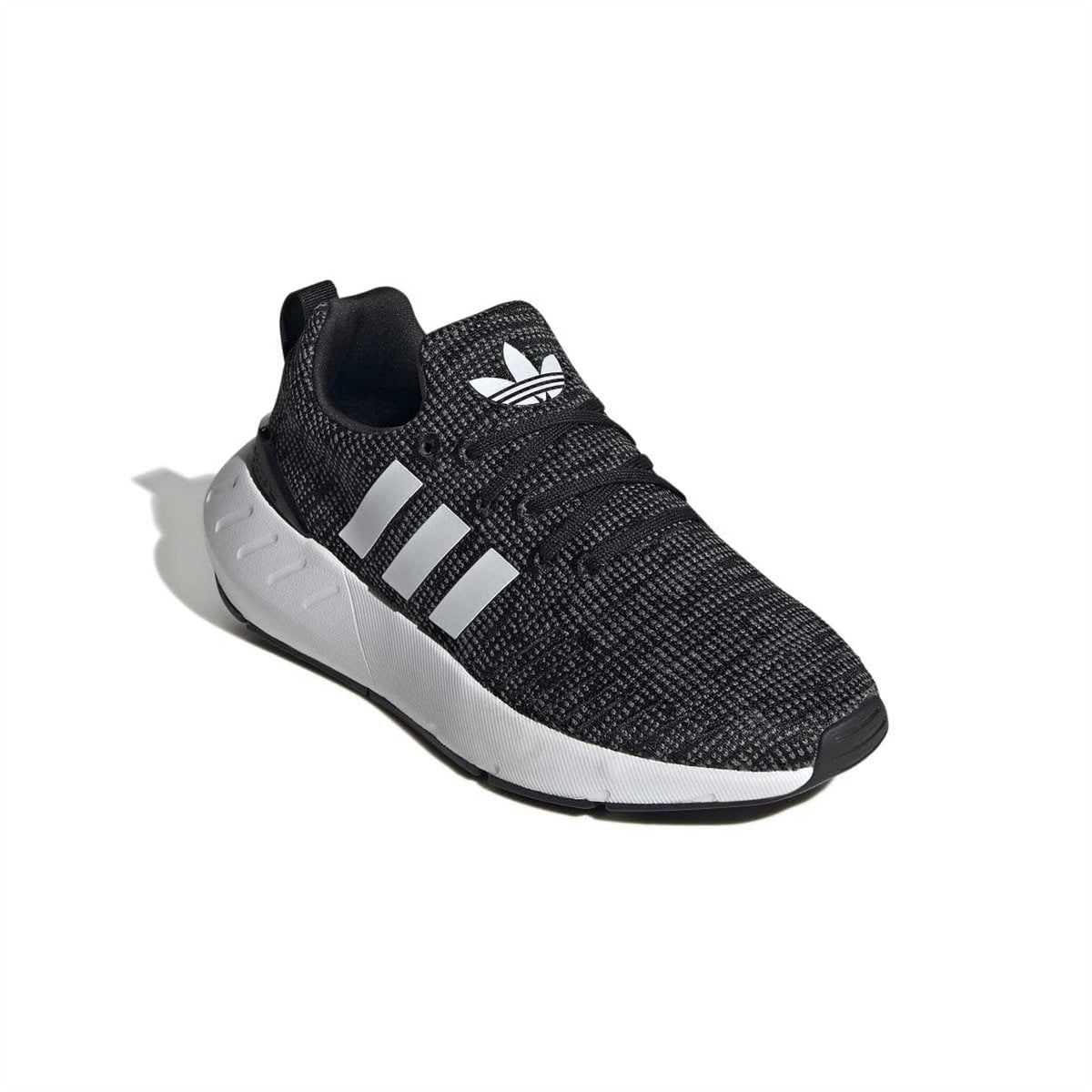 Black knit trainers with white 3 stripes and adidas trefoil on side, lace-up closure