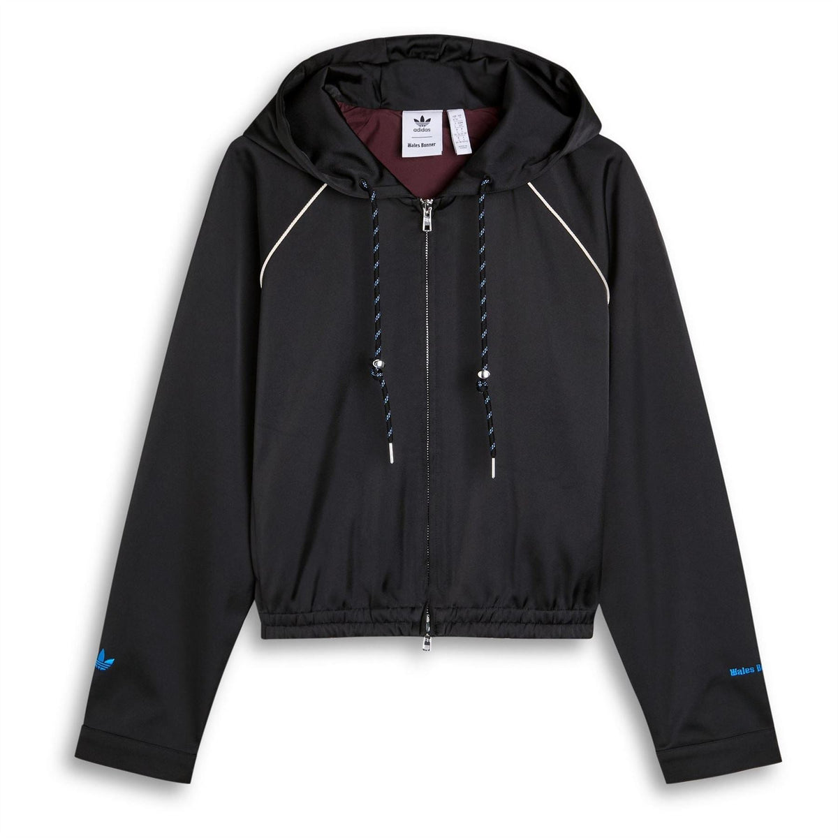 Black satin hooded jacket with zip front, adjustable drawstrings, long sleeves