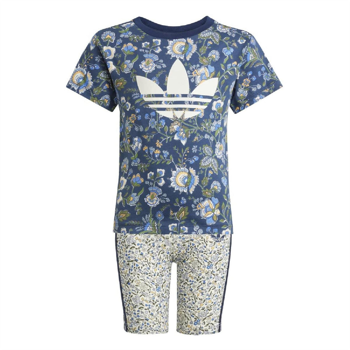 adidas two-piece coord: navy floral T-shirt with trefoil and patterned bike shorts