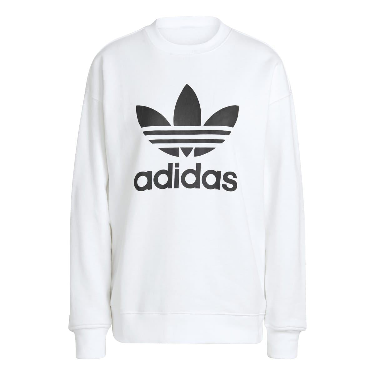 White crewneck sweatshirt with black adidas Trefoil logo; ribbed cuffs and hem