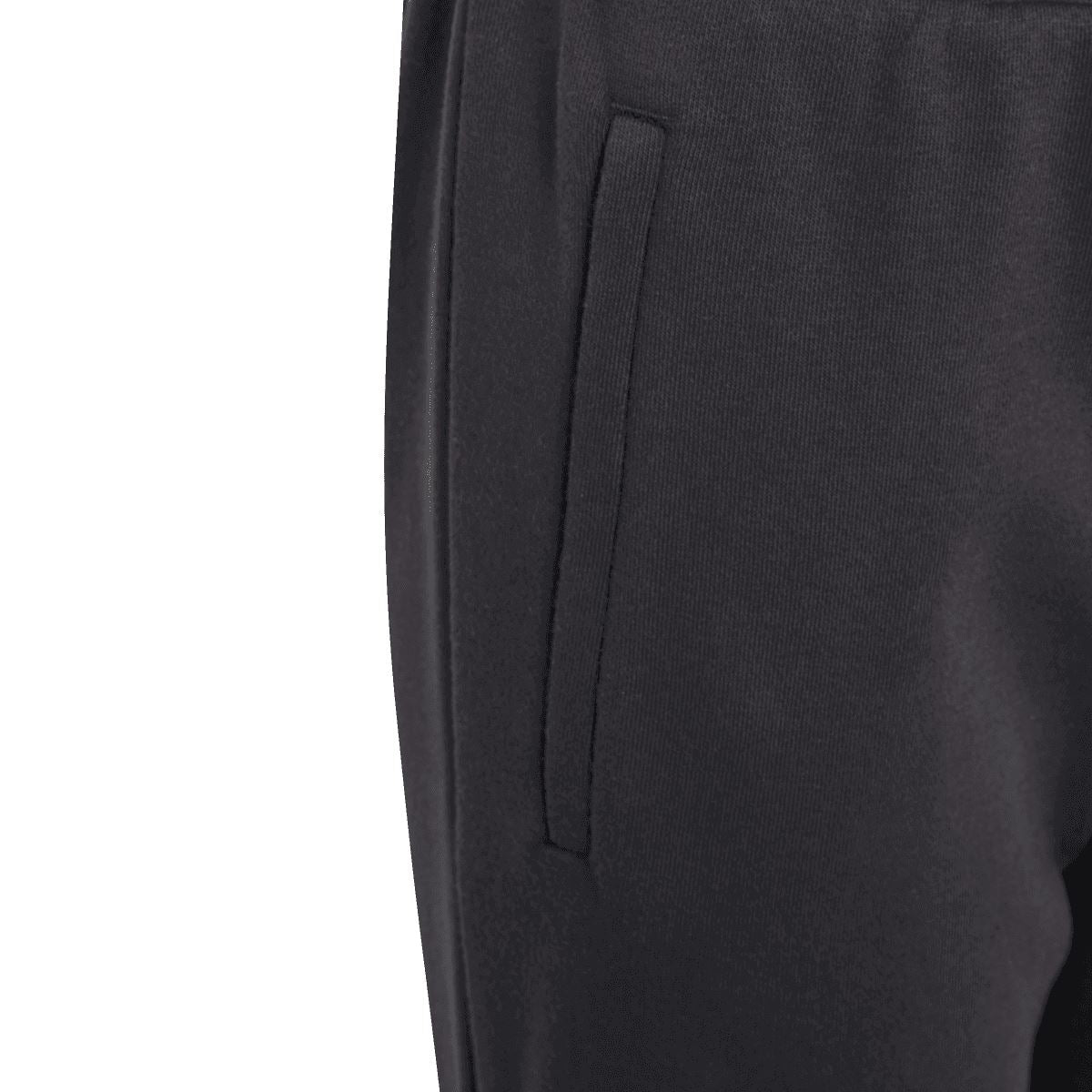 Black joggers with side seam pocket detail and tapered leg