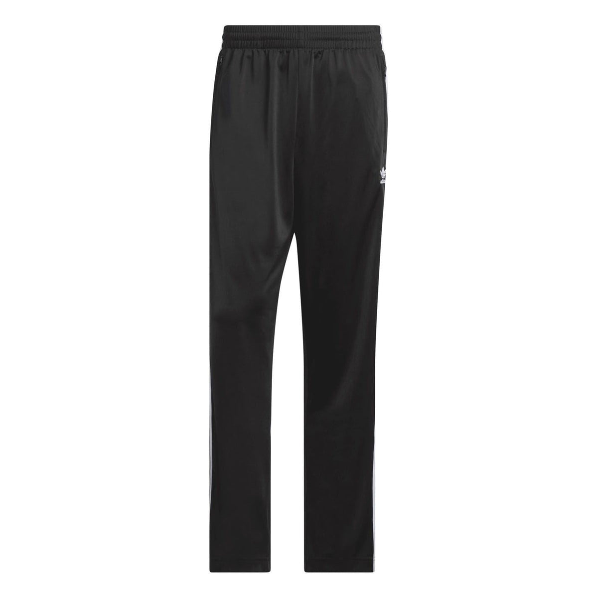 Black track pants with elastic waistband and small white adidas logo on thigh