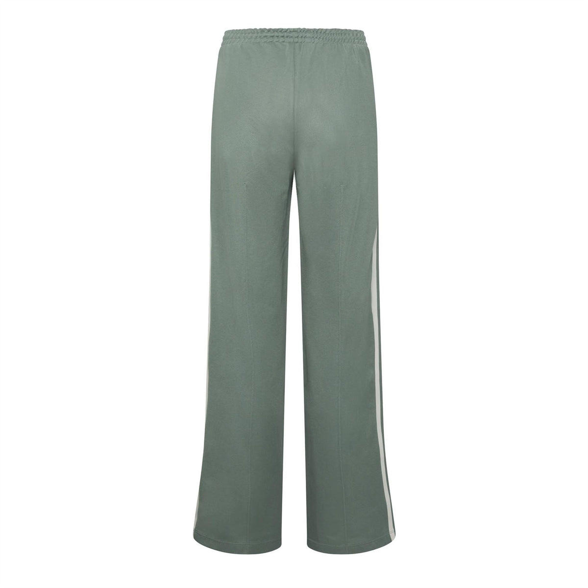 Green track suit pants with elastic waistband, straight leg, small side logo