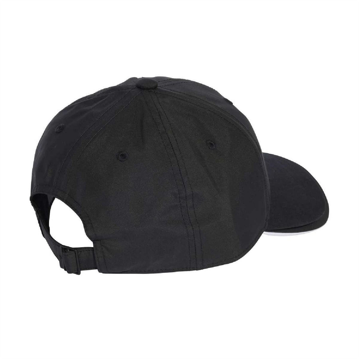 Black junior dad cap with curved brim and adjustable strap on back view