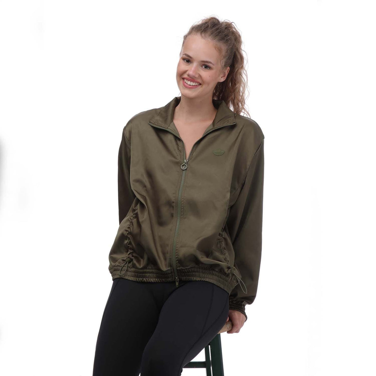 adidas Originals olive satin track top with zip front and drawcord hem