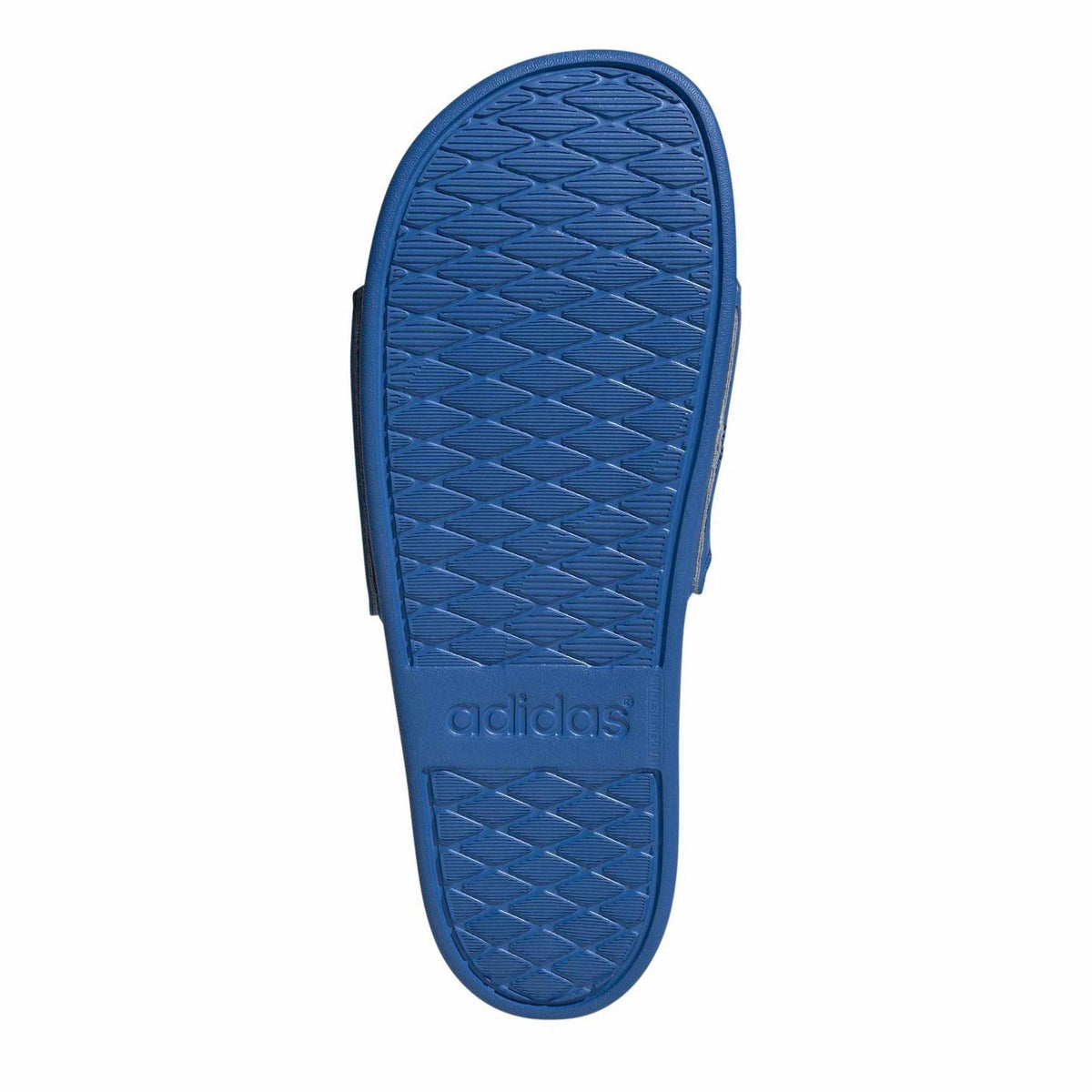 Blue slide sandal outsole with textured tread and adidas logo