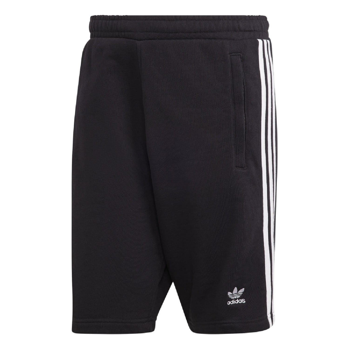 Back of black sweat shorts with elastic waistband, adidas logo, and white 3-stripe side panels