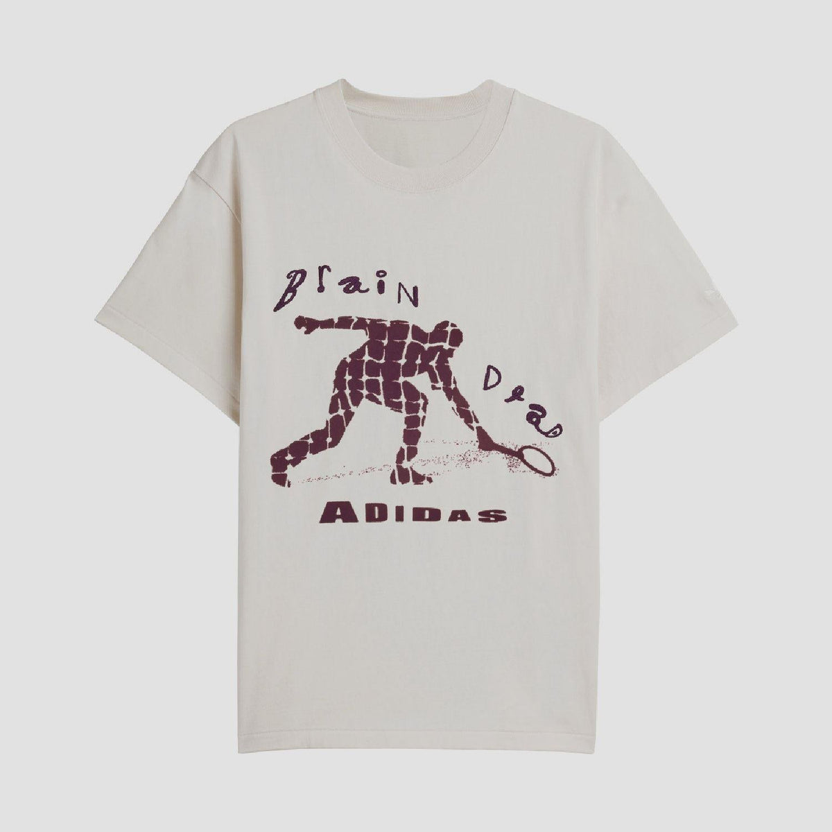 Front of cream T-shirt with purple robot graphic and 'ADIDAS' text