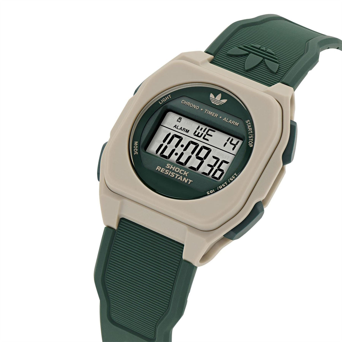 adidas Originals digital watch front with beige case, green screen, and resin strap