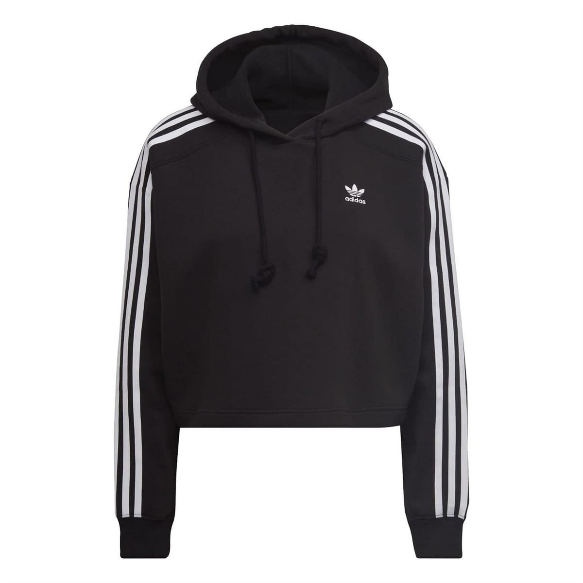 Black crop hoodie with hood, drawstrings, adidas logo, and white triple-stripe sleeves