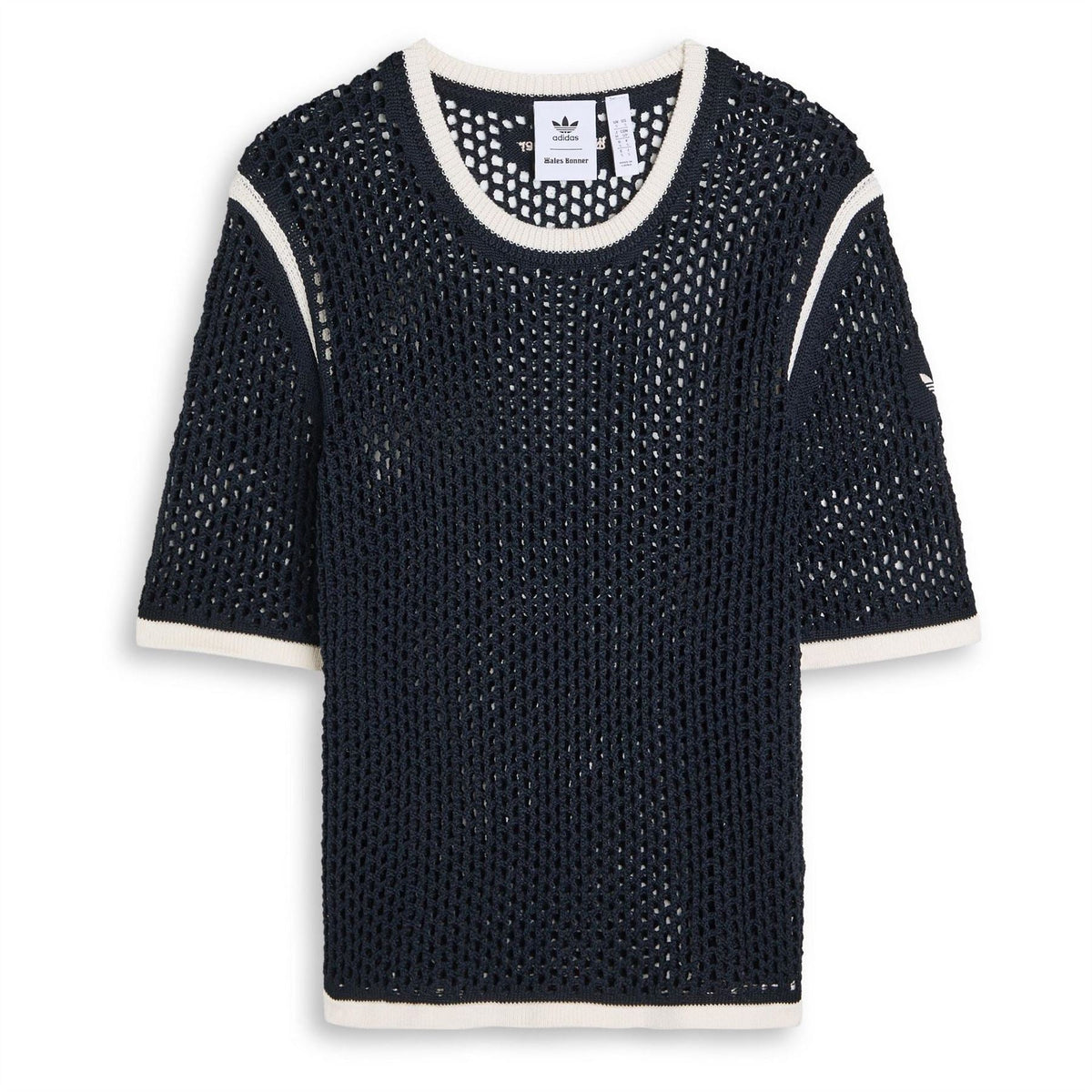 adidas Originals navy knit tee with crew neck and off-white ribbed trim, short sleeves