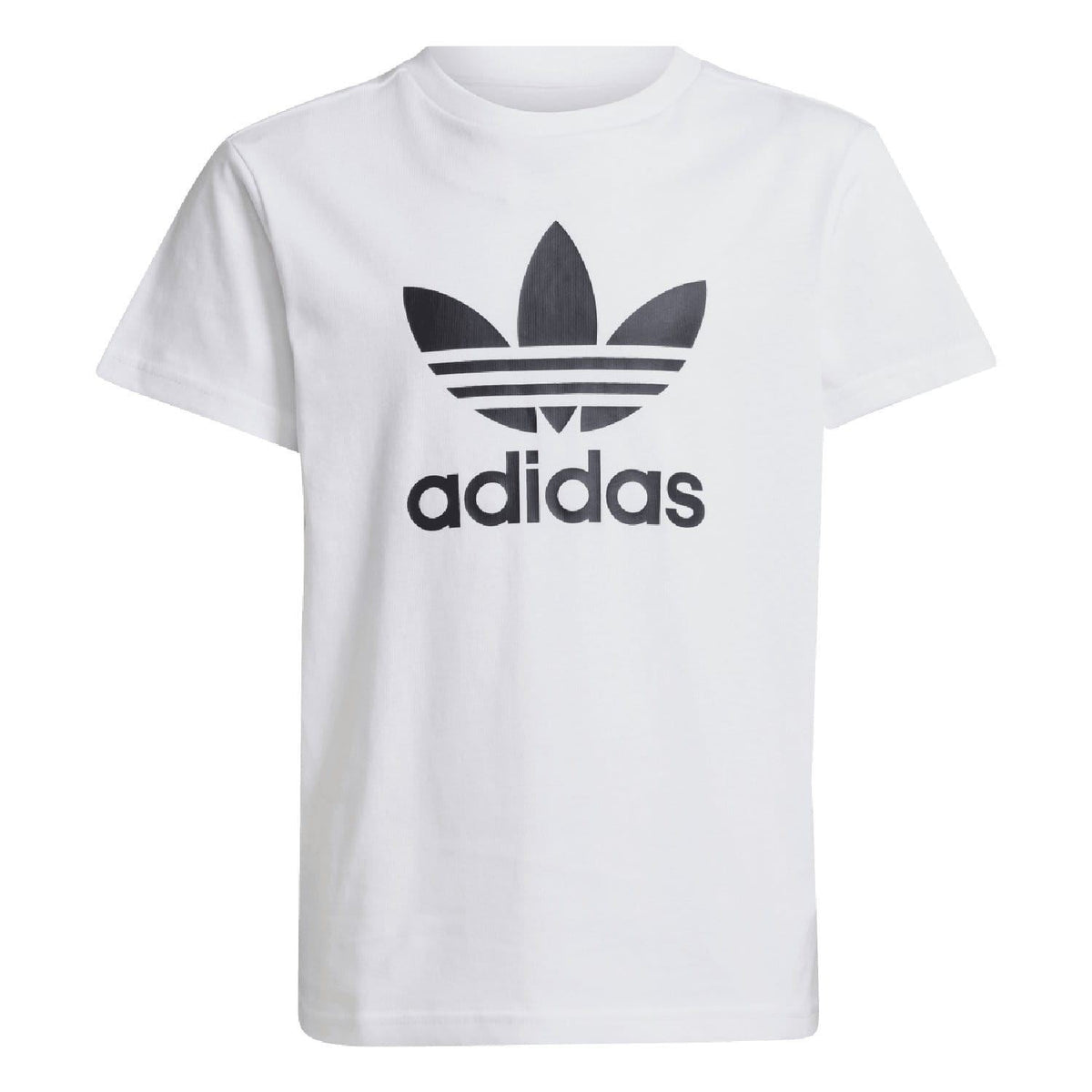 White junior adidas Trefoil t-shirt, front view with centered black Trefoil graphic