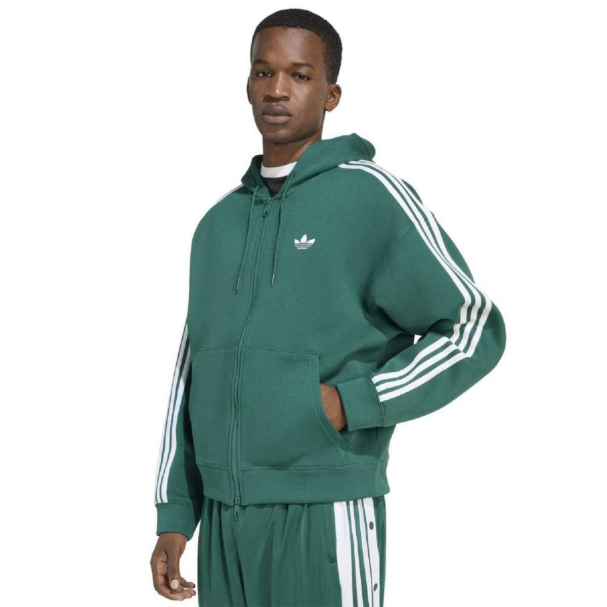 Green zip hooded sweatshirt with drawstring, trefoil logo, and white sleeve stripe detail