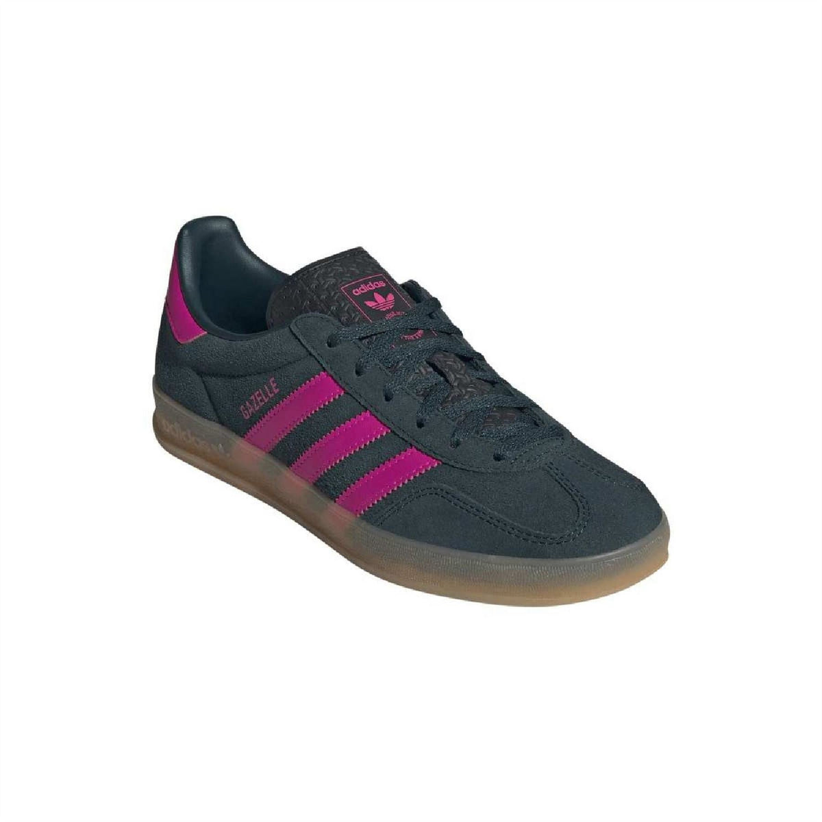 adidas Gazelle indoor trainers 3/4 angle, dark teal suede with magenta stripes