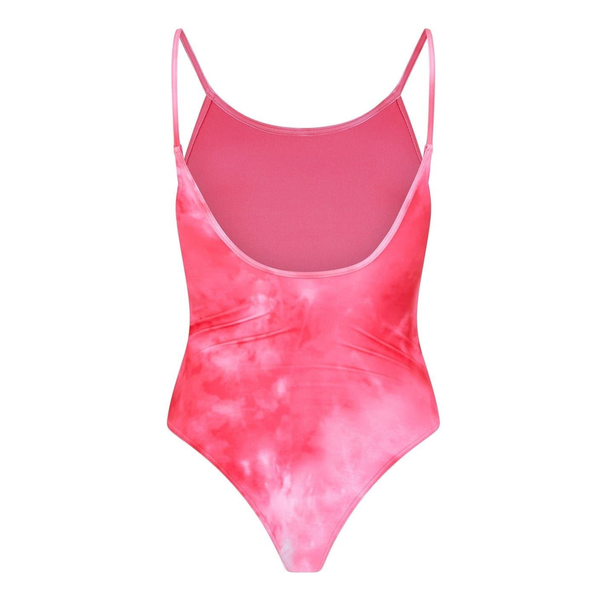 Pink tie-dye one-piece swimsuit with contrast mesh front panel and thin straps