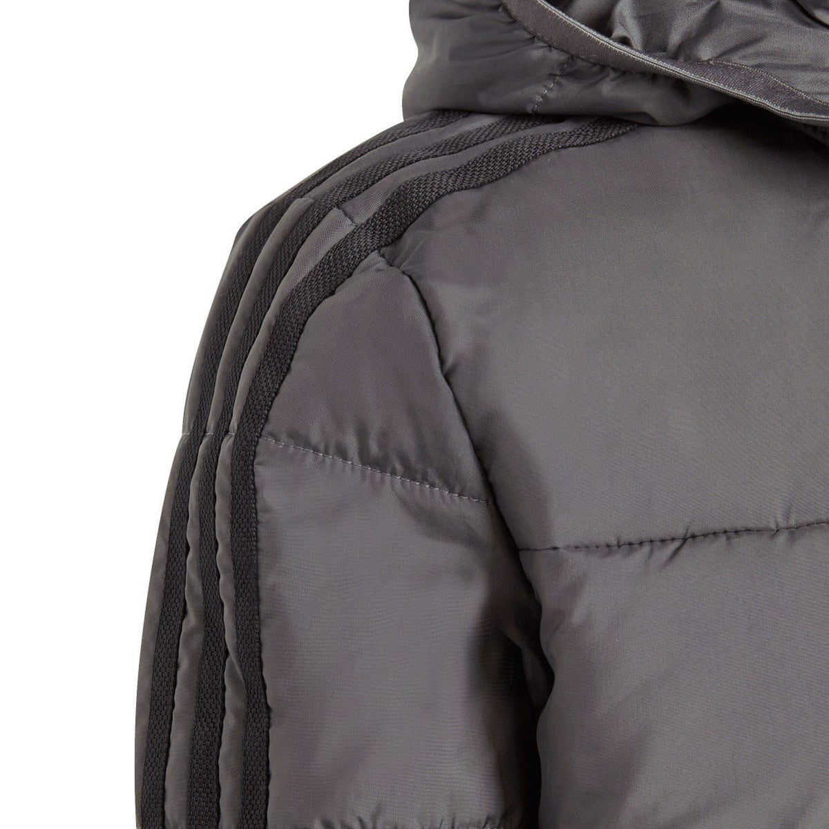 Grey padded kids jacket with hood, side panel seams, and quilted shoulder