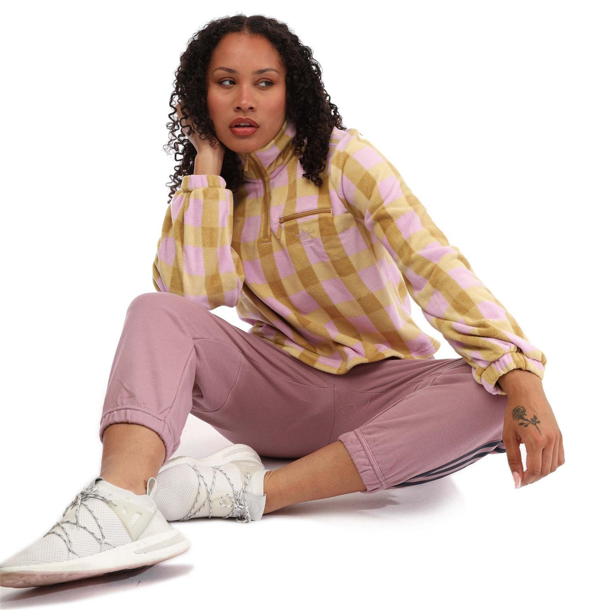 Zip-up polar fleece sweatshirt in yellow and pink check, ribbed cuffs and hood
