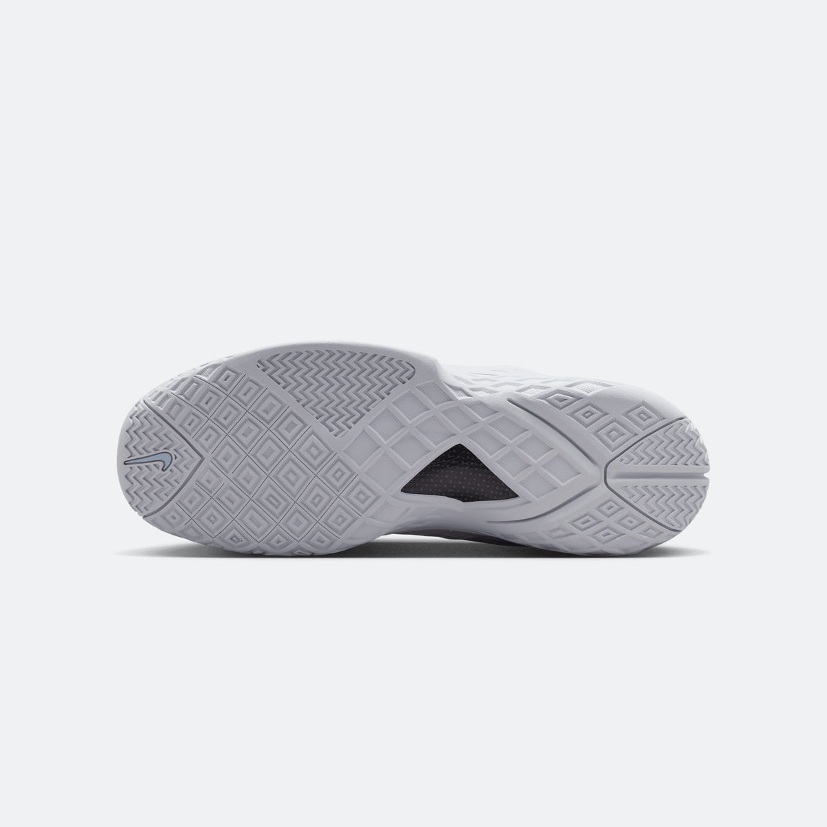 Light blue and white basketball shoe outsole with patterned traction and pivot area