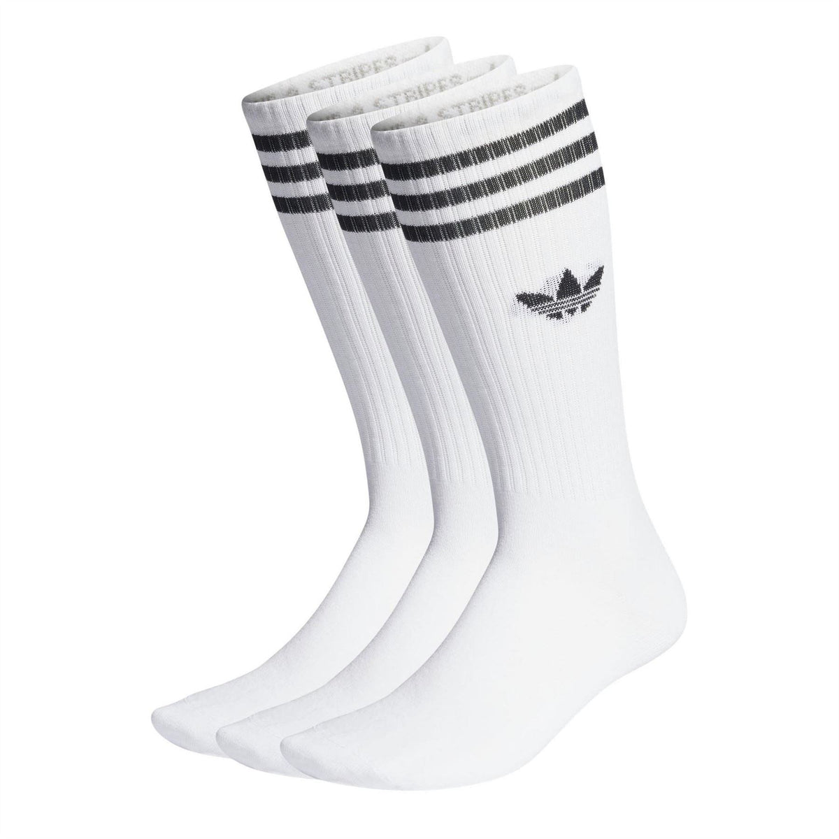 White high-crew socks with black adidas trefoil and striped cuffs