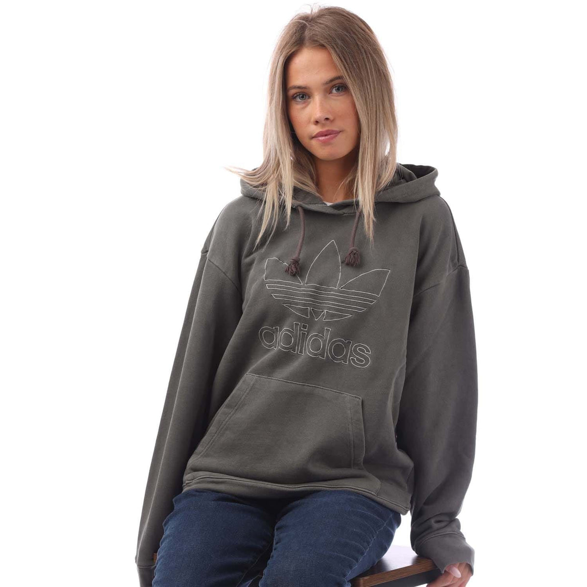 Oversized dark gray adidas hoodie with kangaroo pocket, tassel drawstring hood