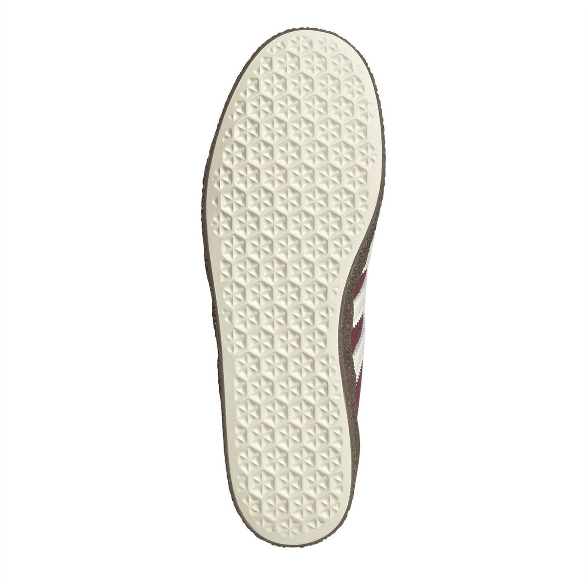 Shoe outsole with white textured traction and maroon sidewall