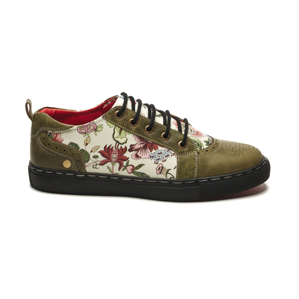 Luxury white leather sneakers for men and women, a cream floral low-top