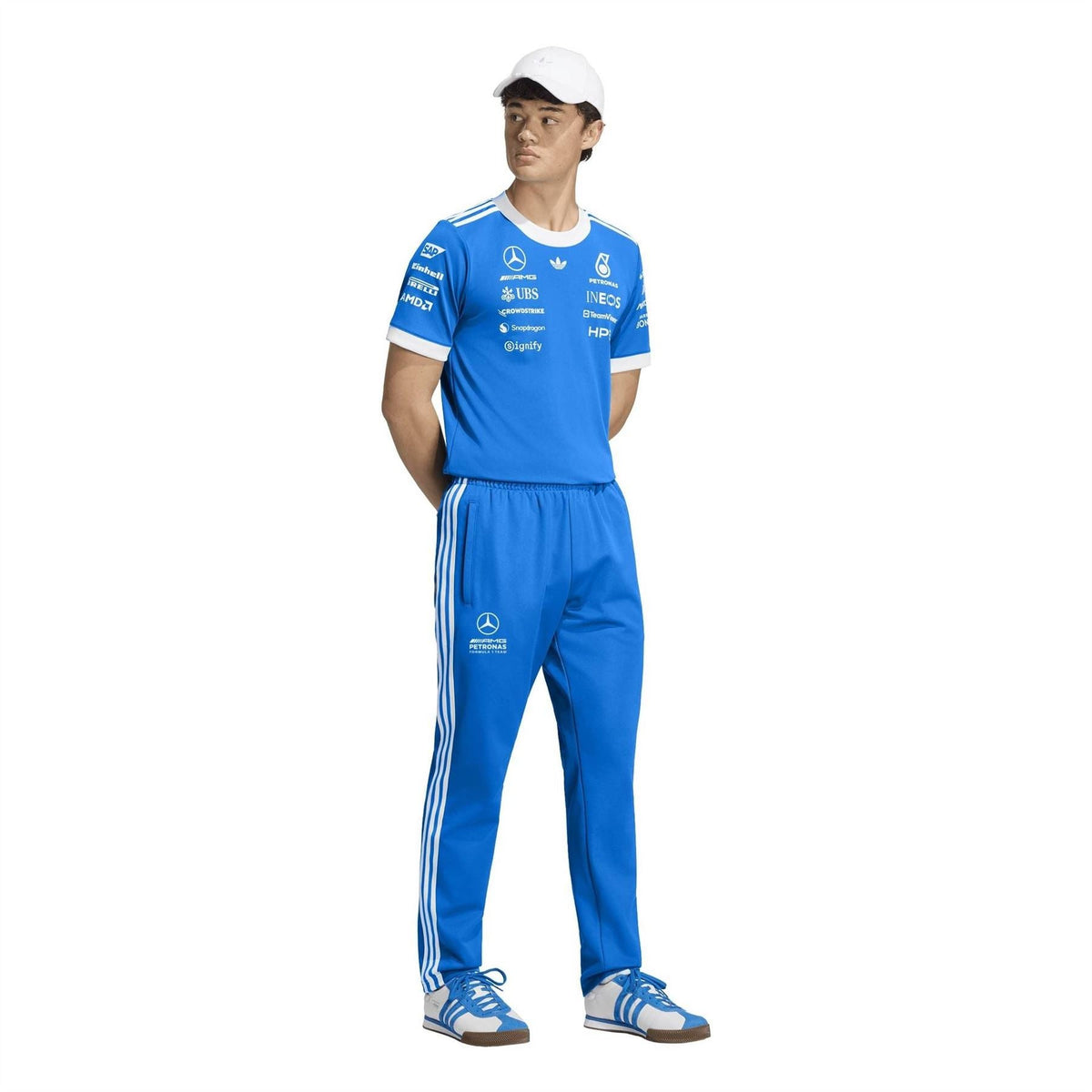 Blue track pants with elastic waist, three white stripes, AMG Petronas logos