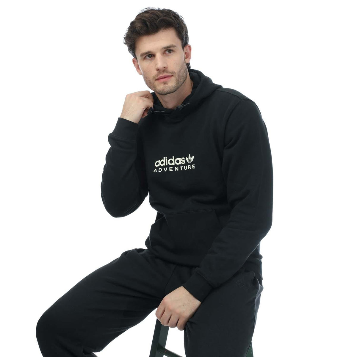 Men's black adidas Originals Adventure pullover hoodie, front logo, kangaroo pocket