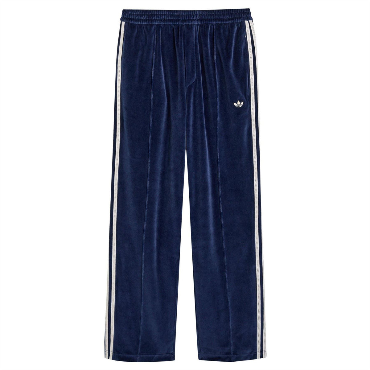adidas Originals navy velour track pants with white side stripes and adidas trefoil logo
