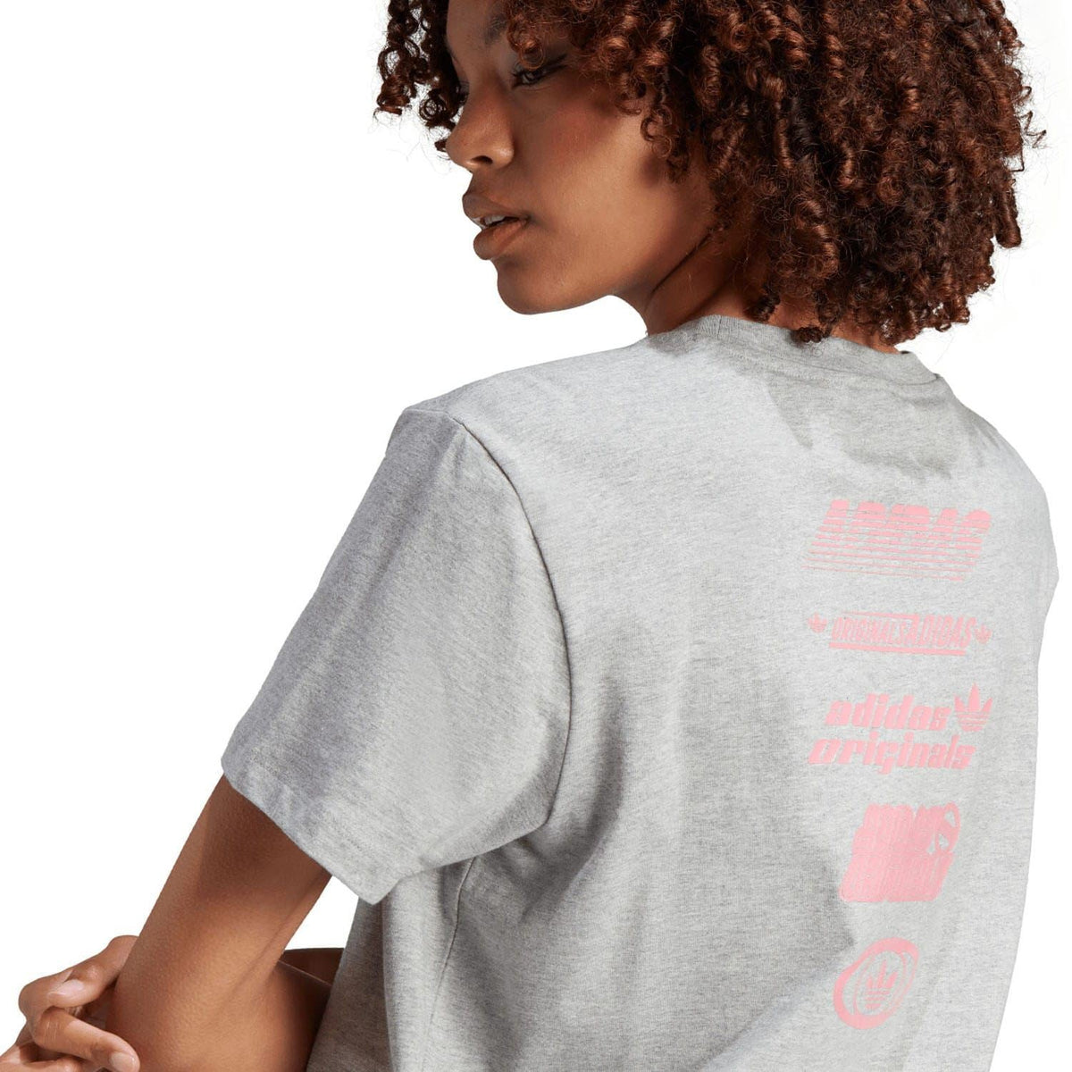 Grey crew-neck T-shirt with pink back logo print and trefoil