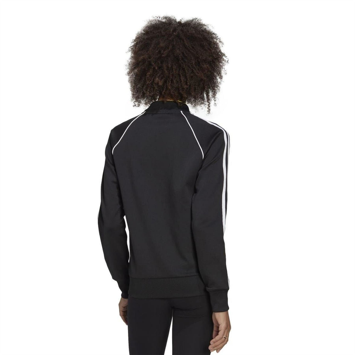 Black track jacket with white stripe detailing on sleeves and back yoke