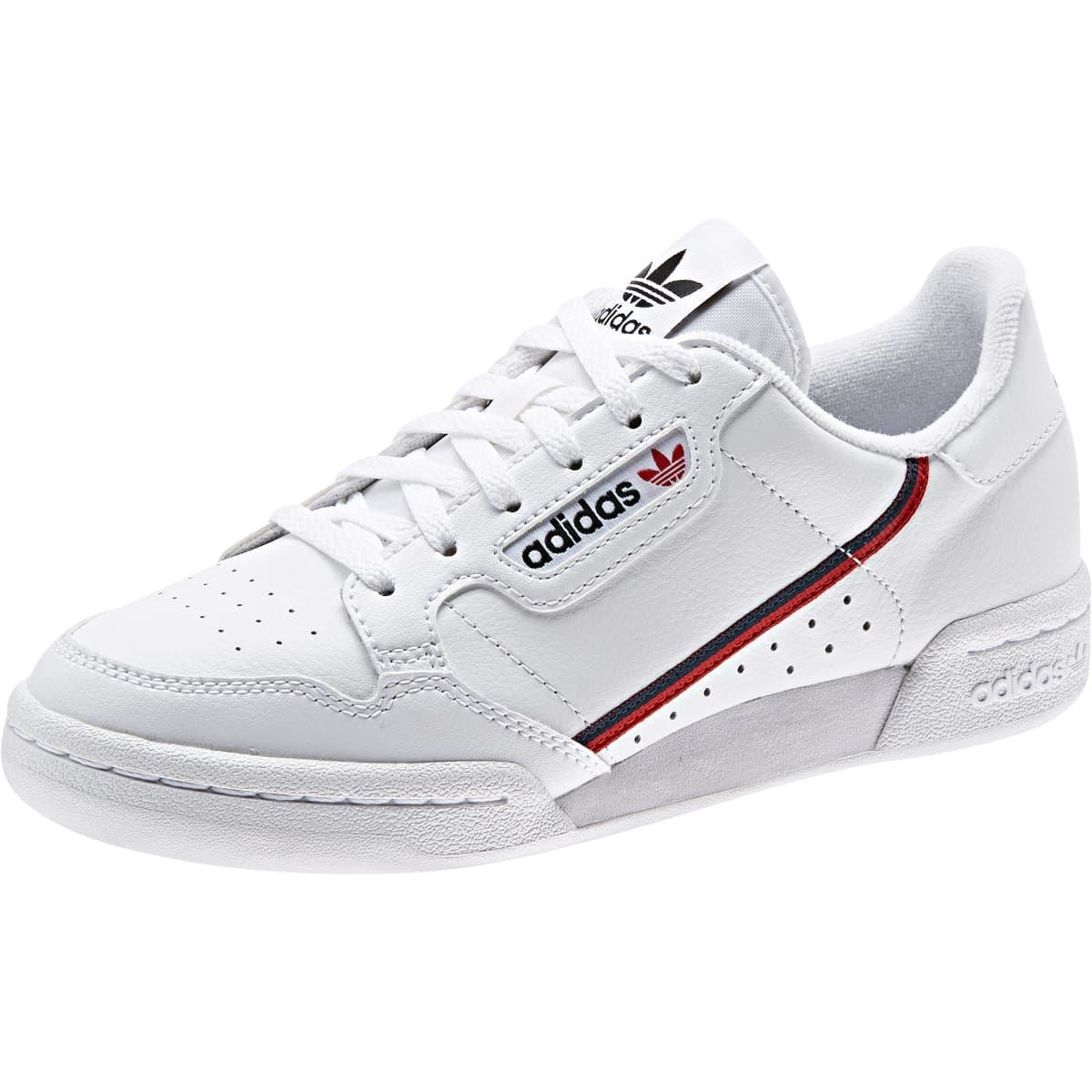 Kids' adidas Originals white low-top trainers, lace-up with red/blue side stripe