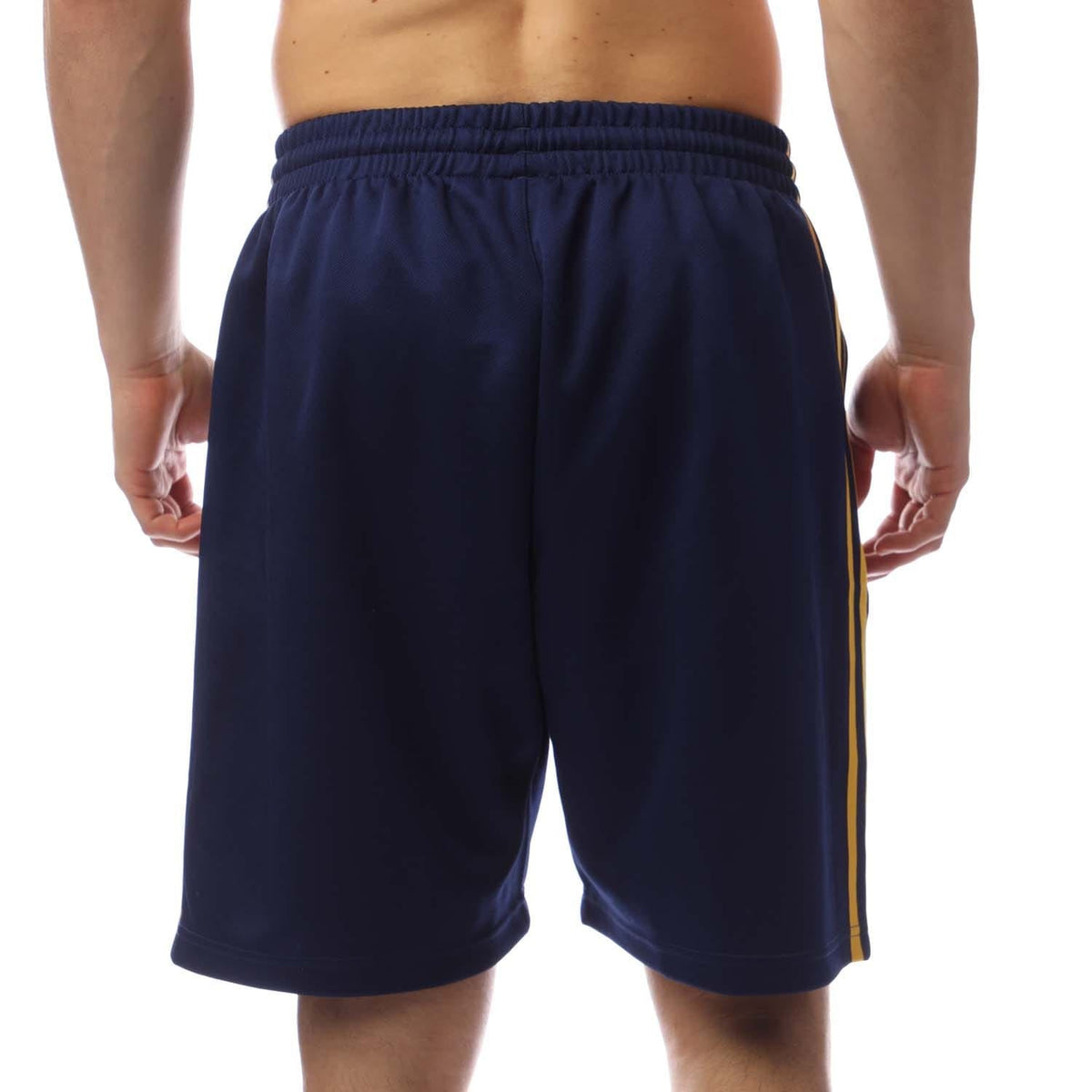 Navy track shorts with elastic waistband and side stripe detailing, back view