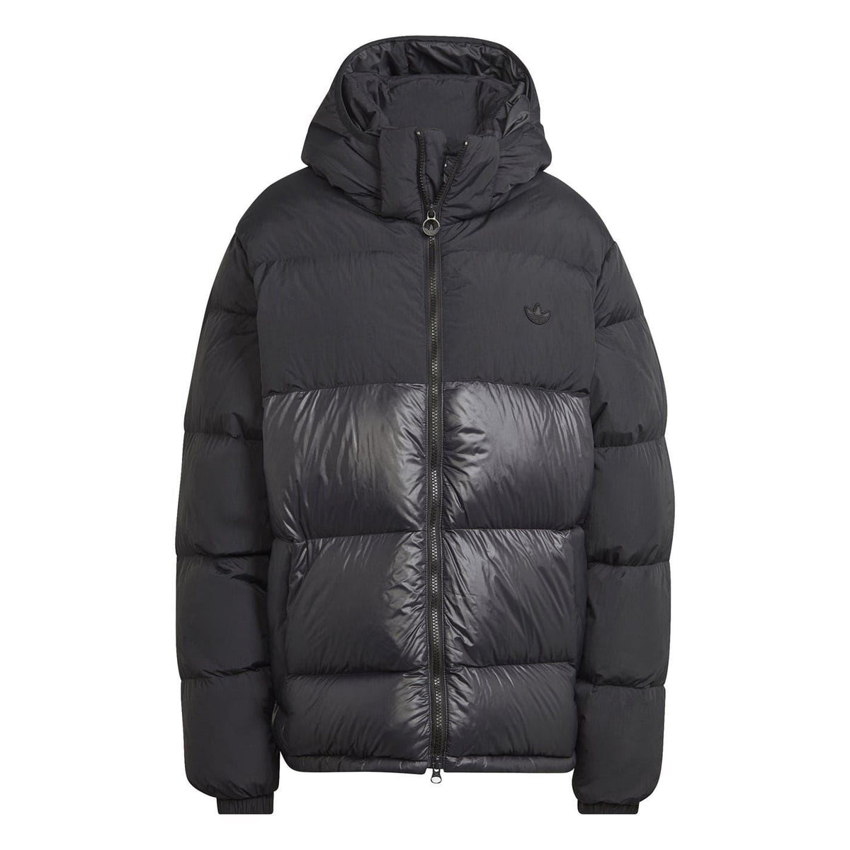 adidas Originals black down puffer jacket with attached hood, full zip, chest logo