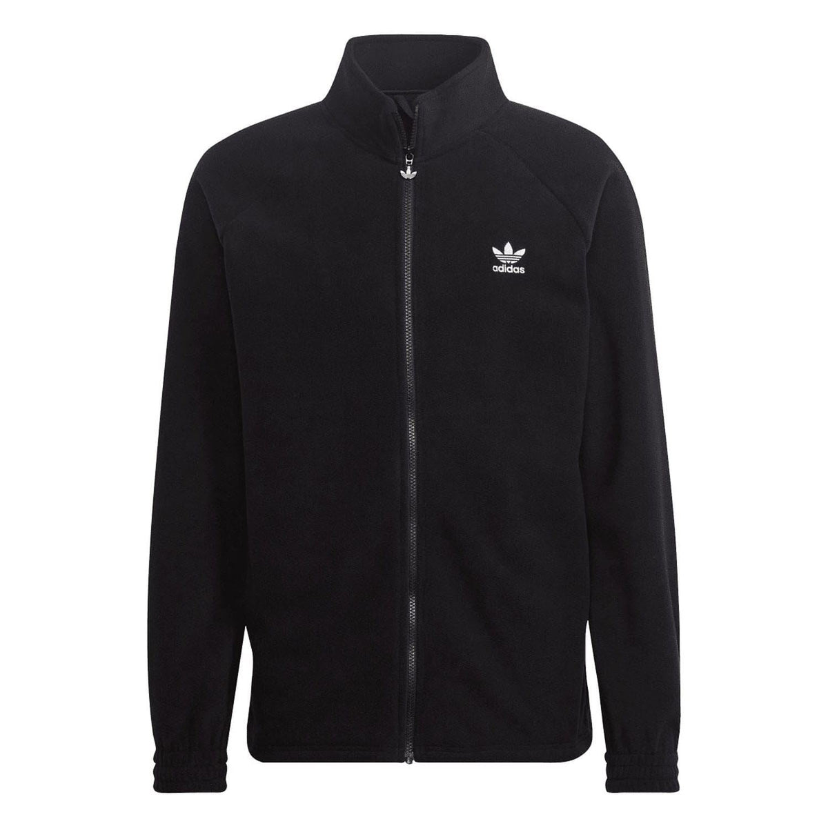 Black teddy fleece zip-up jacket with stand collar and adidas Originals trefoil logo