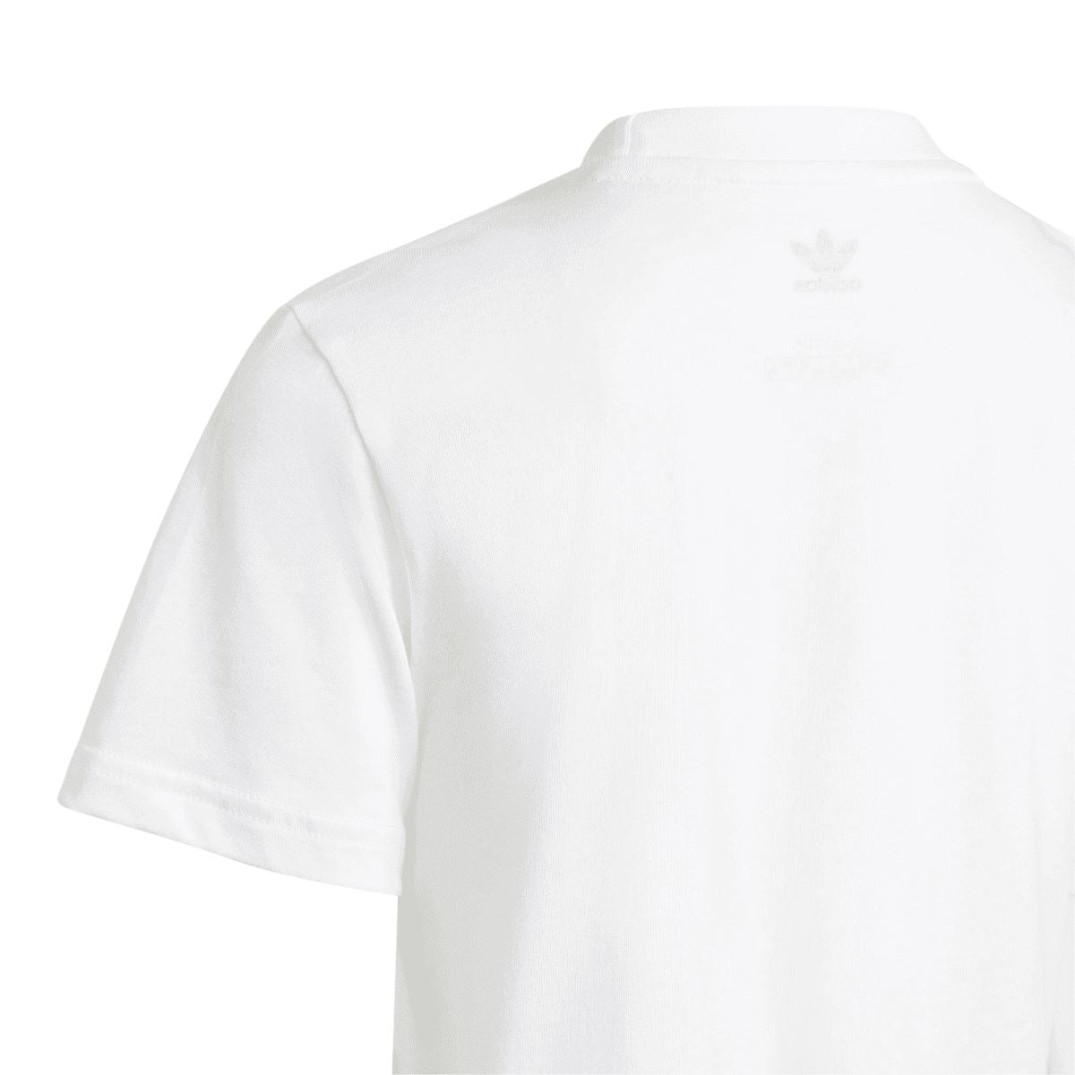 Infant white adidas graphic T-shirt back view with small trefoil logo near neckline